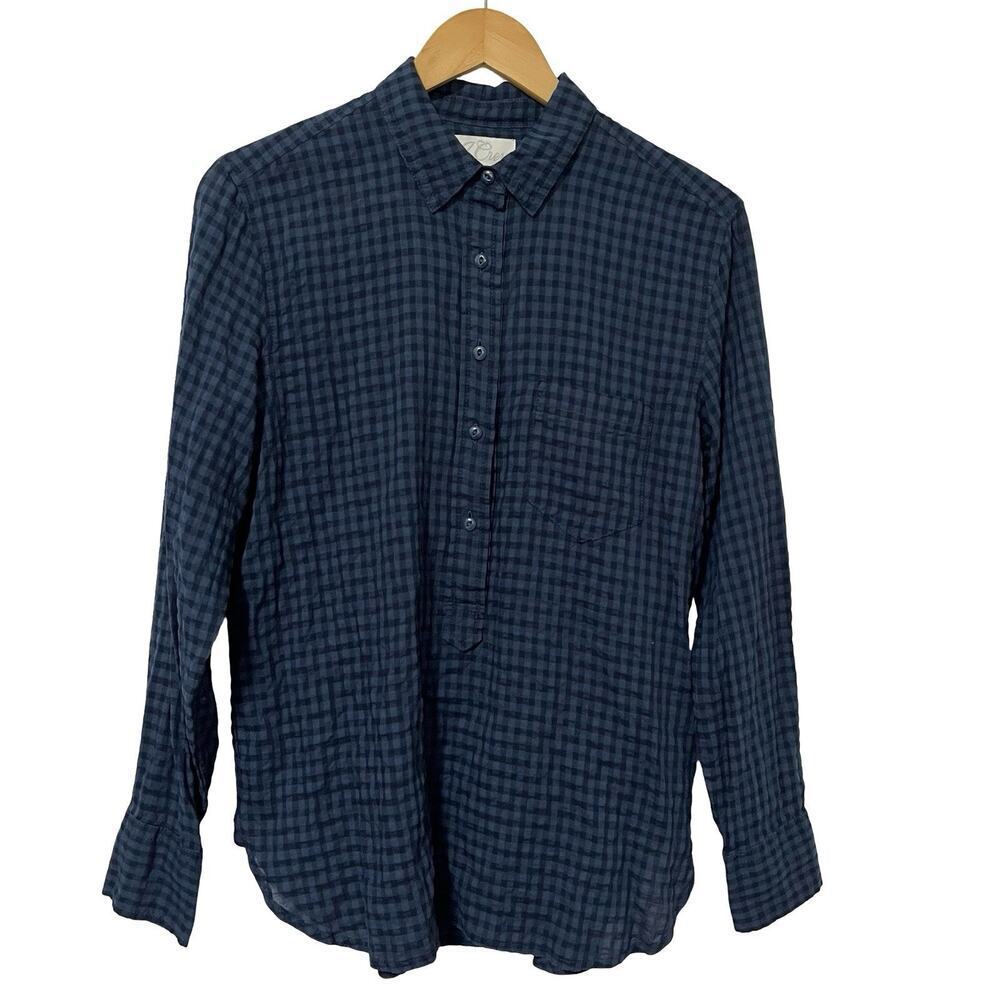 J Crew Classic Plaid Crinkled Popover Shirt Size 6 Navy Office Career Preppy NWT